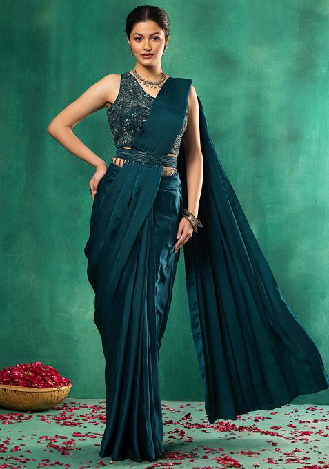 Teal Pre-Stitched Saree Set With Abstract Embellished Blouse And Belt