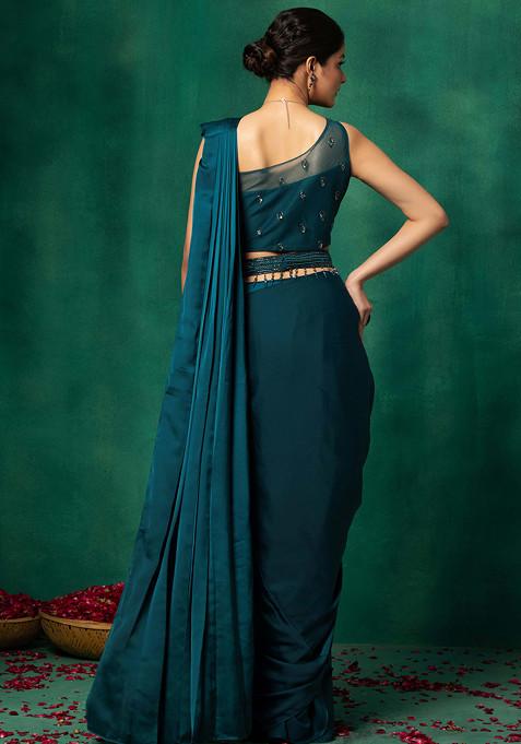 Women's Net Teal green Embellished Designer Saree With Blouse Piece