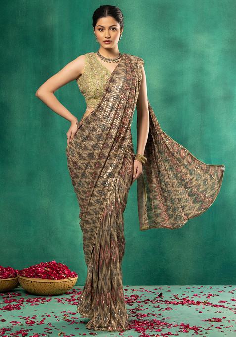 Green Abstract Multicolour Sequin Embellished Pre-Stitched Saree Set With Blouse