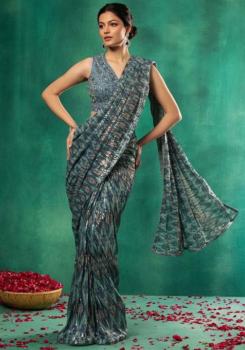 Blue Abstract Multicolour Sequin Embellished Pre-Stitched Saree Set With Blouse