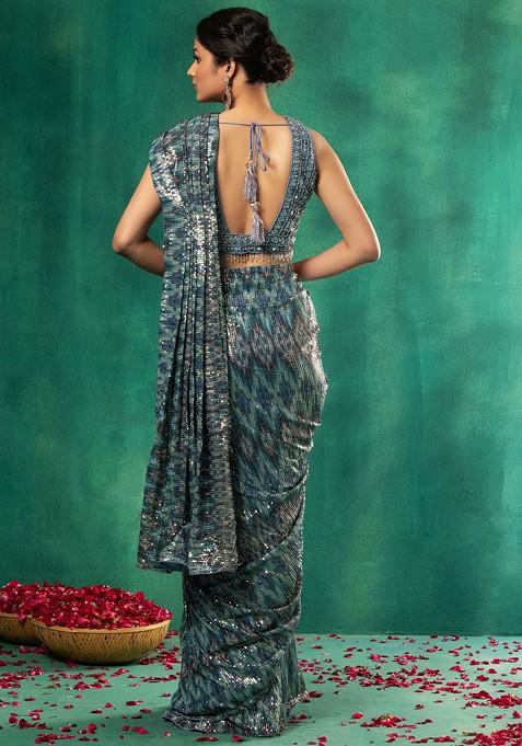 Buy Women Blue Abstract Multicolour Sequin Embellished Pre Stitched Saree Set With Blouse 