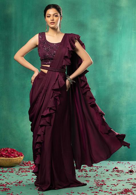 Purple Ruffled Satin Pre-Stitched Saree Set With Embellished Blouse And Belt