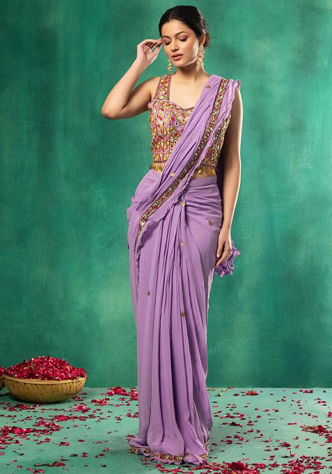 Lavender Pre-Stitched Saree Set With Multicolour Mirror Embellished Blouse