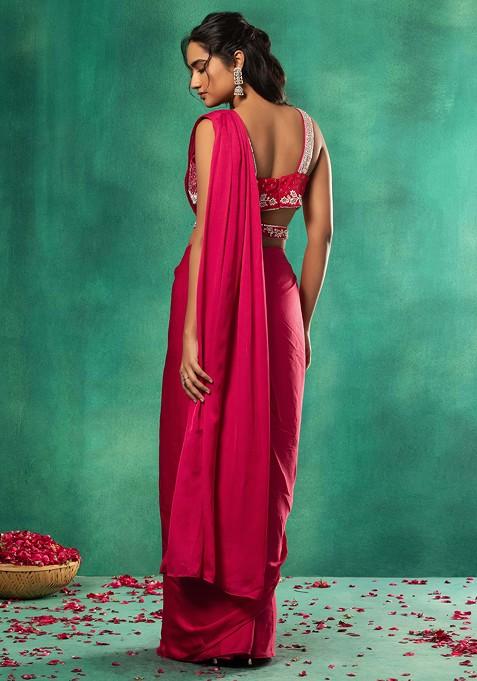 Buy Women Rani Pink Satin Pre Stitched Saree Set With Hand Embellished Blouse And Belt Reds 