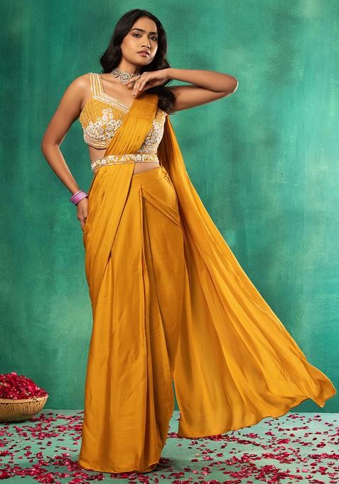 Yellow Satin Pre-Stitched Saree Set With Hand Embellished Blouse And Belt