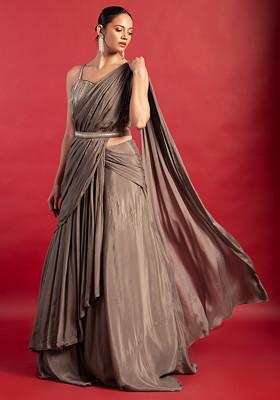 Grey Pre-Stitched Saree Set With Sequin Embellished Blouse And Belt