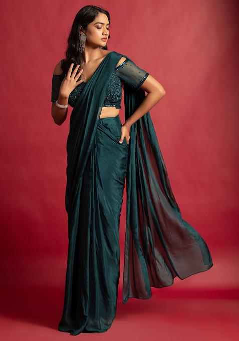 Teal Blue Pre-Stitched Saree Set With Sequin Embellished Mesh Blouse And Belt