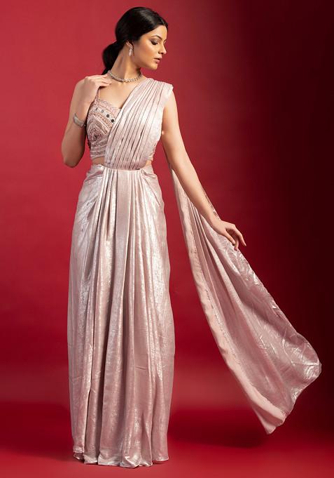 Blush Pink Shimmer Satin Pre-Stitched Saree Set With Embellished Blouse