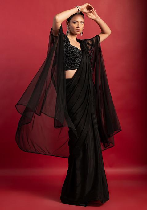 Black Pre-Stitched Saree Set With Sequin Embellished Blouse And Mesh Jacket