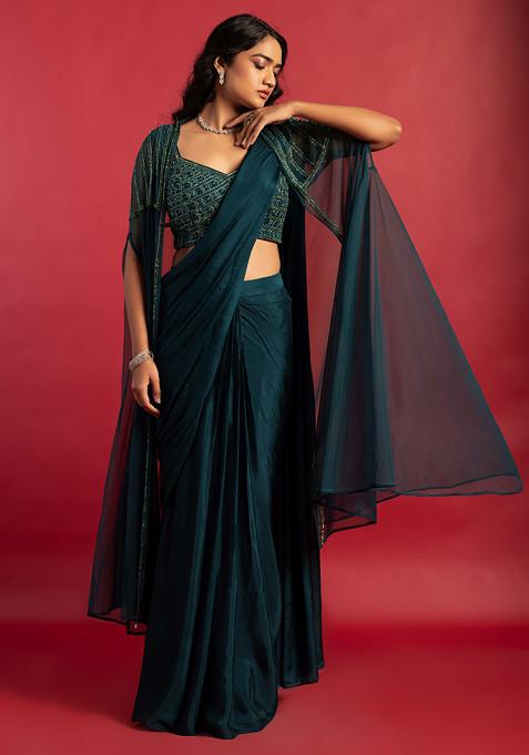 Teal Blue Pre-Stitched Saree Set With Sequin Embellished Blouse And Mesh Jacket