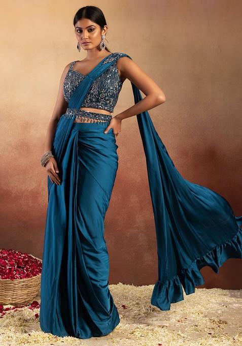 Blue Satin Pre-Stitched Saree Set With Floral Embellished Blouse And Belt