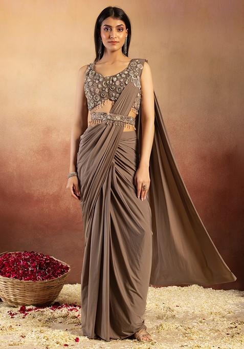 Brown Pre-Stitched Saree Set With Sequin Hand Embellished Blouse And Belt