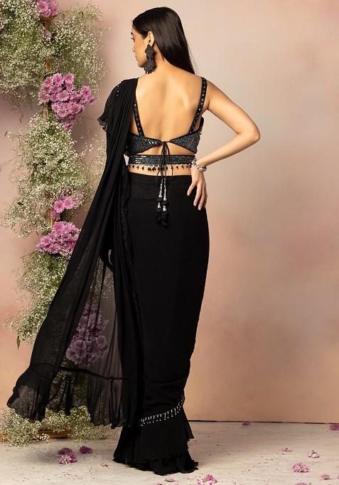 Buy Women Black Pre-Stitched Saree Set With Sequin Bead Embellished ...