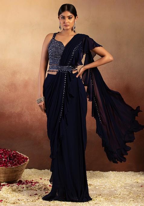 Blue Pre-Stitched Saree Set With Sequin Bead Embellished Mesh Blouse