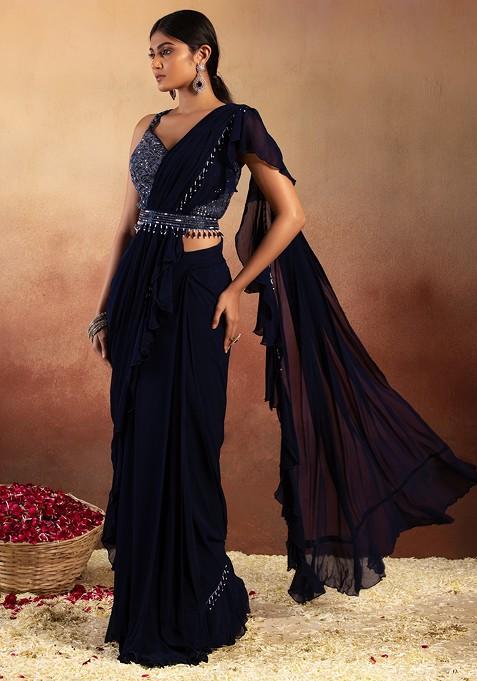 Pre-Stitched Saree with Sequin Embellished Blouse and Beaded Details
