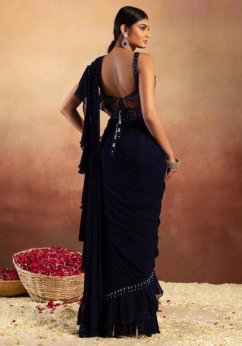 Blue Floral Printed Saree with Petticoat and Stitched Blouse Set