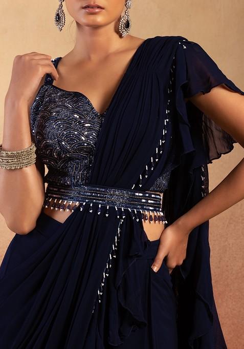 Pre-Draped Saree with intricate sequin embellished Sleeveless Blouse