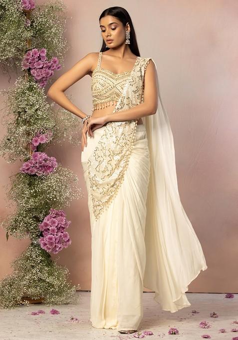 Ivory Sequin Embroidered Pre-Stitched Saree Set With Bead Embellished Blouse