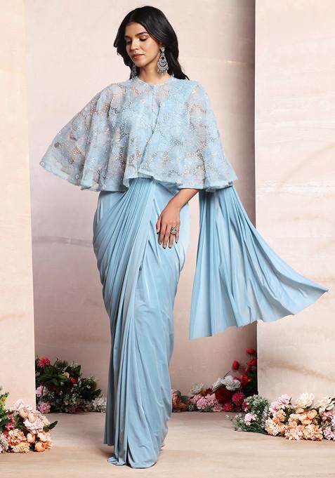 Blue Satin Pre-Stitched Saree Set With Sequin Embellished Blouse And Mesh Jacket