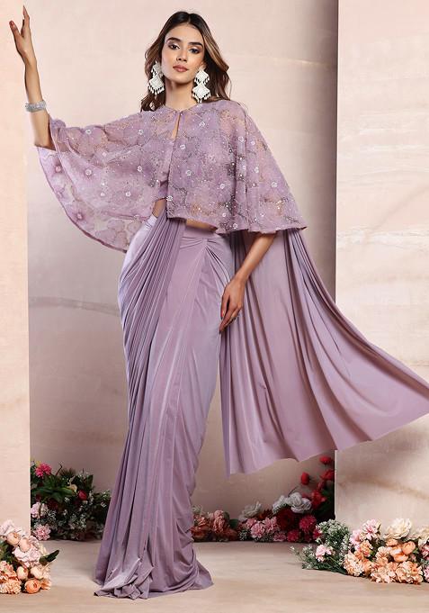 Mauve Satin Pre-Stitched Saree Set With Sequin Embellished Blouse And Mesh Jacket