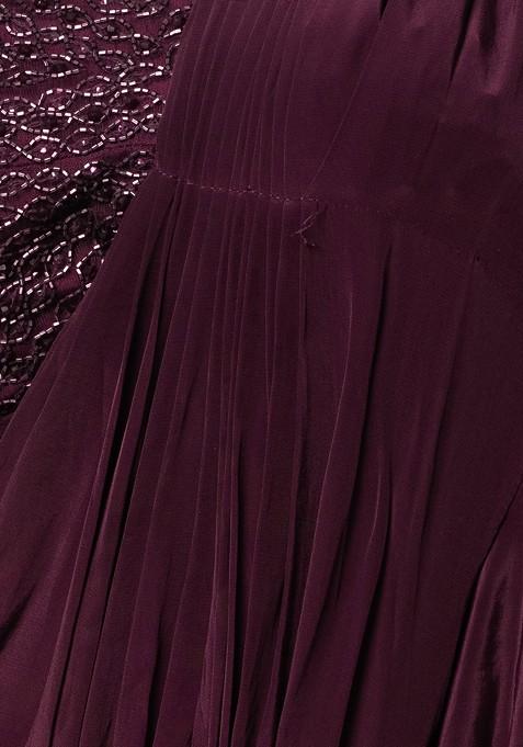 Buy Women Purple Ruffled Satin Pre-Stitched Saree Set With Sequin ...