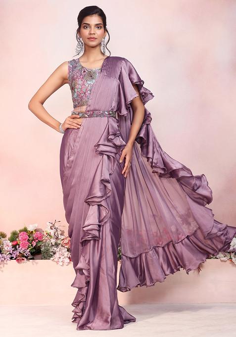 Dark Purple Pre-Stitched Saree Set With Multicolour Floral Embellished Blouse And Belt
