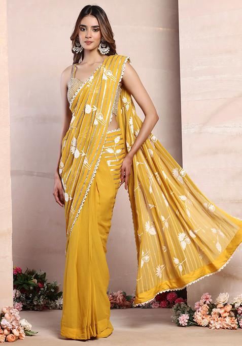 Mustard Floral Thread Embroidered Pre-Stitched Saree Set With Pearl Embellished Blouse