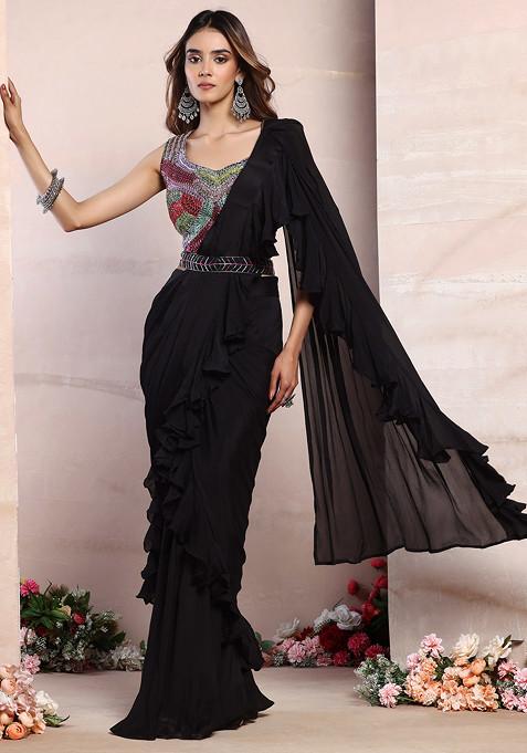 Black Ruffled Pre-Stitched Saree Set With Multicolour Thread Embroidered Blouse And Belt