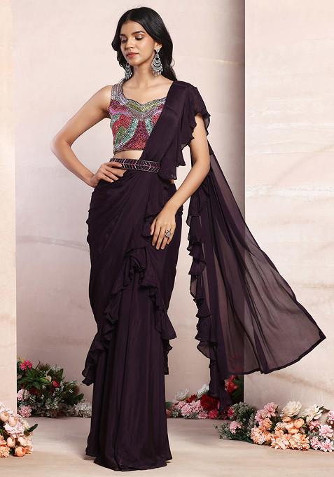 Dark Purple Ruffled Pre-Stitched Saree Set With Multicolour Thread Embroidered Blouse And Belt
