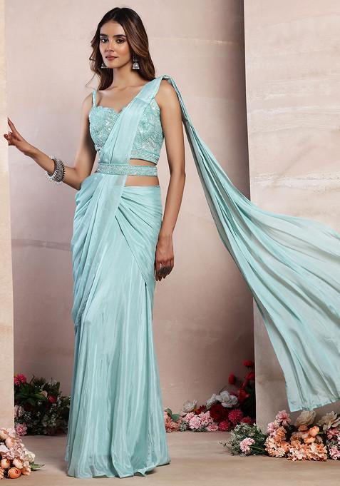 Aqua Green Pre-Stitched Saree Set With Sequin Thread Embellished Blouse And Belt
