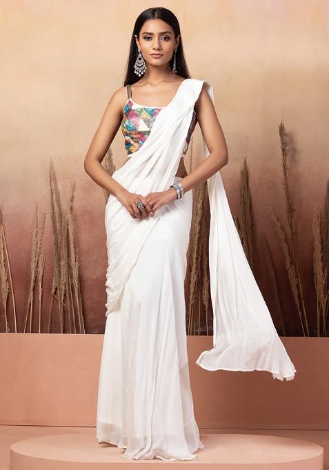 Ivory Pre-Stitched Saree Set With Geometric Embroidered Blouse