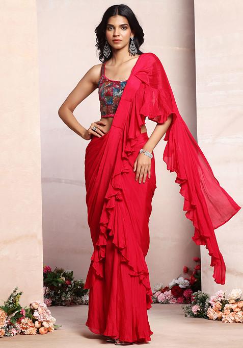 Berry Pink Ruffled Pre-Stitched Saree Set With Geometric Embroidered Blouse