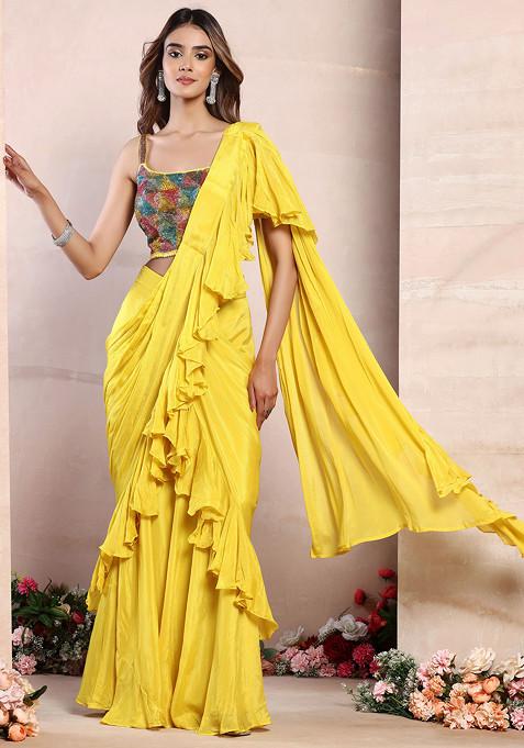 Yellow Ruffled Pre-Stitched Saree Set With Geometric Embroidered Blouse