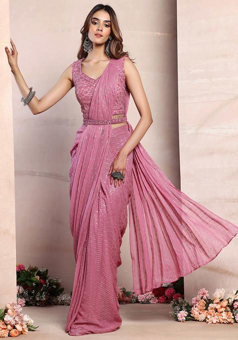 Dull Pink Sequin Embroidered Pre-Stitched Saree Set With Embellished Blouse And Belt