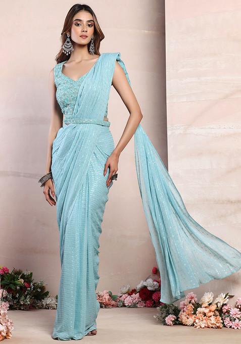 Seafoam Sequin Embroidered Pre-Stitched Saree Set With Embellished Blouse And Belt