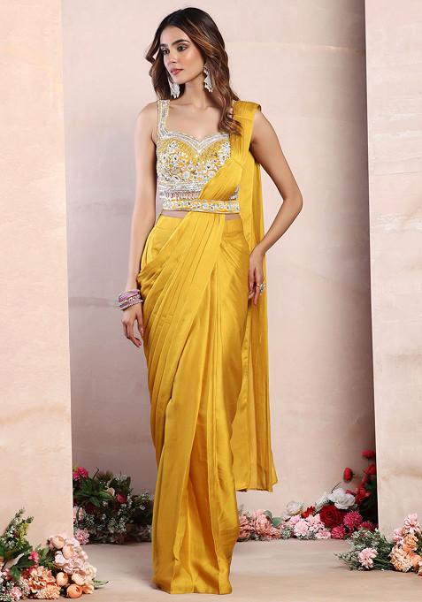Mustard Satin Pre-Stitched Saree Set With Floral Mirror Embellished Blouse And Belt