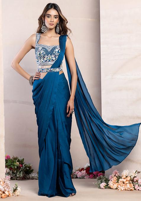 Teal Blue Satin Pre-Stitched Saree Set With Floral Mirror Embellished Blouse And Belt