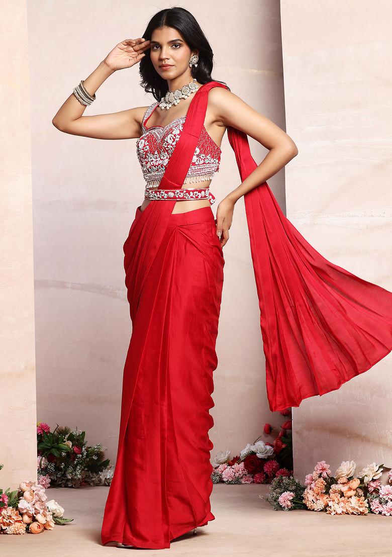 Diti Red Printed Pre Stitched Saree with Blouse