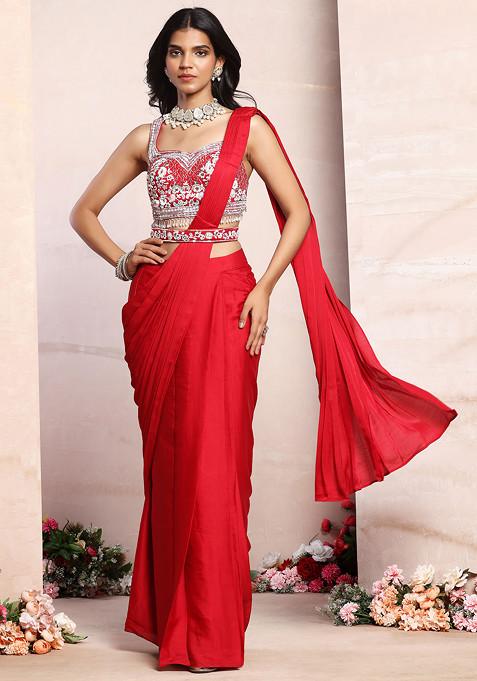 Red Satin Pre-Stitched Saree Set With Floral Mirror Embellished Blouse And Belt