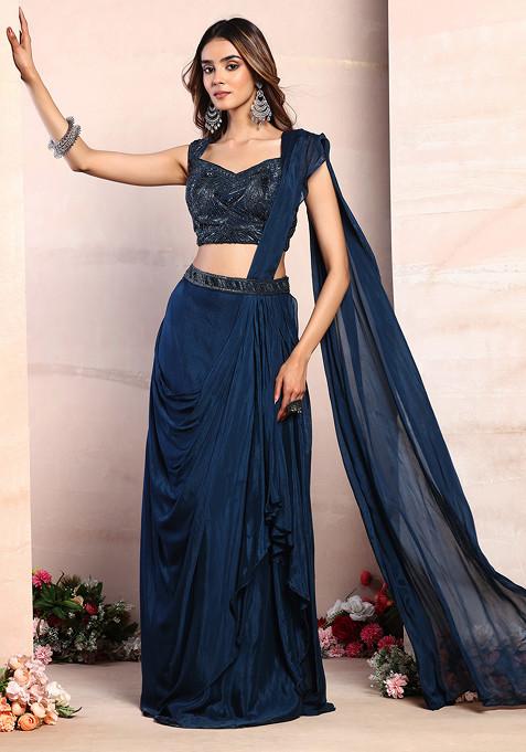 Teal Blue Pre-Stitched Saree Set With Cutdana Bead Embellished Blouse And Belt