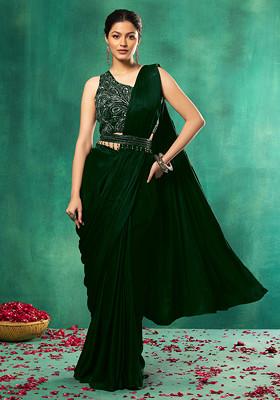 Green Pre-Stitched Saree Set With Abstract Embellished Blouse And Embellished Belt