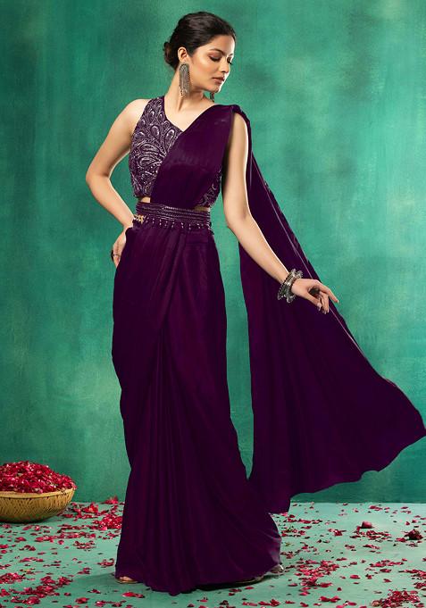 Purple Pre-Stitched Saree Set With Abstract Embellished Blouse And Embellished Belt