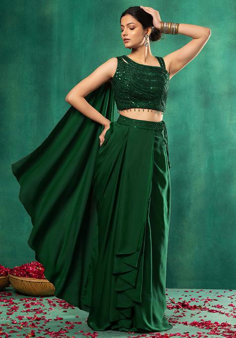 Green Satin Pre-Stitched Saree Set With Abstract Sequin Embellished Blouse