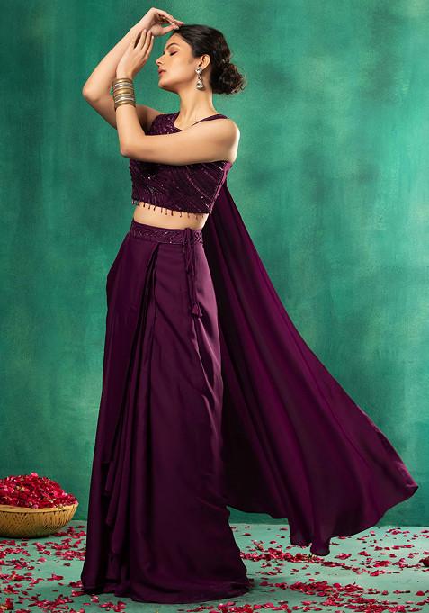 Purple Satin Pre-Stitched Saree Set With Abstract Sequin Embellished Blouse