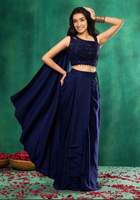 Navy Blue Satin Pre-Stitched Saree Set With Abstract Sequin Embellished Blouse