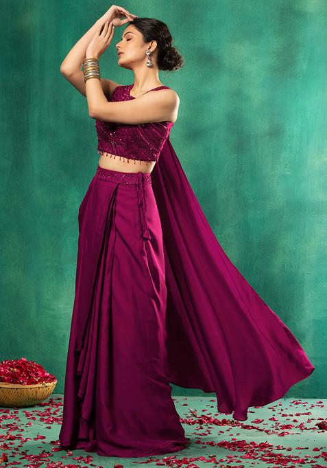 Pink Satin Pre-Stitched Saree Set With Abstract Sequin Embellished Blouse