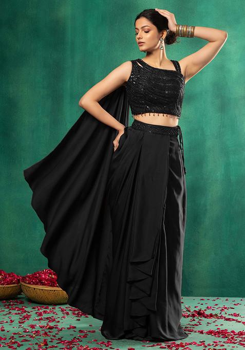 Black Satin Pre-Stitched Saree Set With Abstract Sequin Embellished Blouse