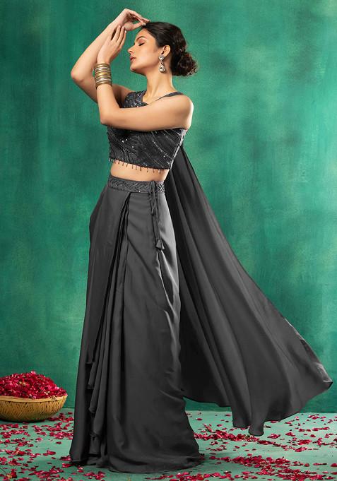 Grey Satin Pre-Stitched Saree Set With Abstract Sequin Embellished Blouse