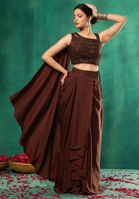 Copper Satin Pre-Stitched Saree Set With Abstract Sequin Embellished Blouse