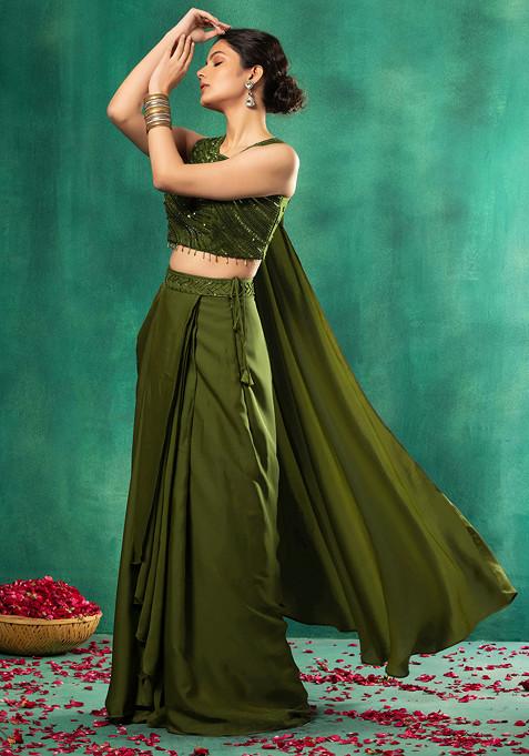 Olive Green Satin Pre-Stitched Saree Set With Abstract Sequin Embellished Blouse